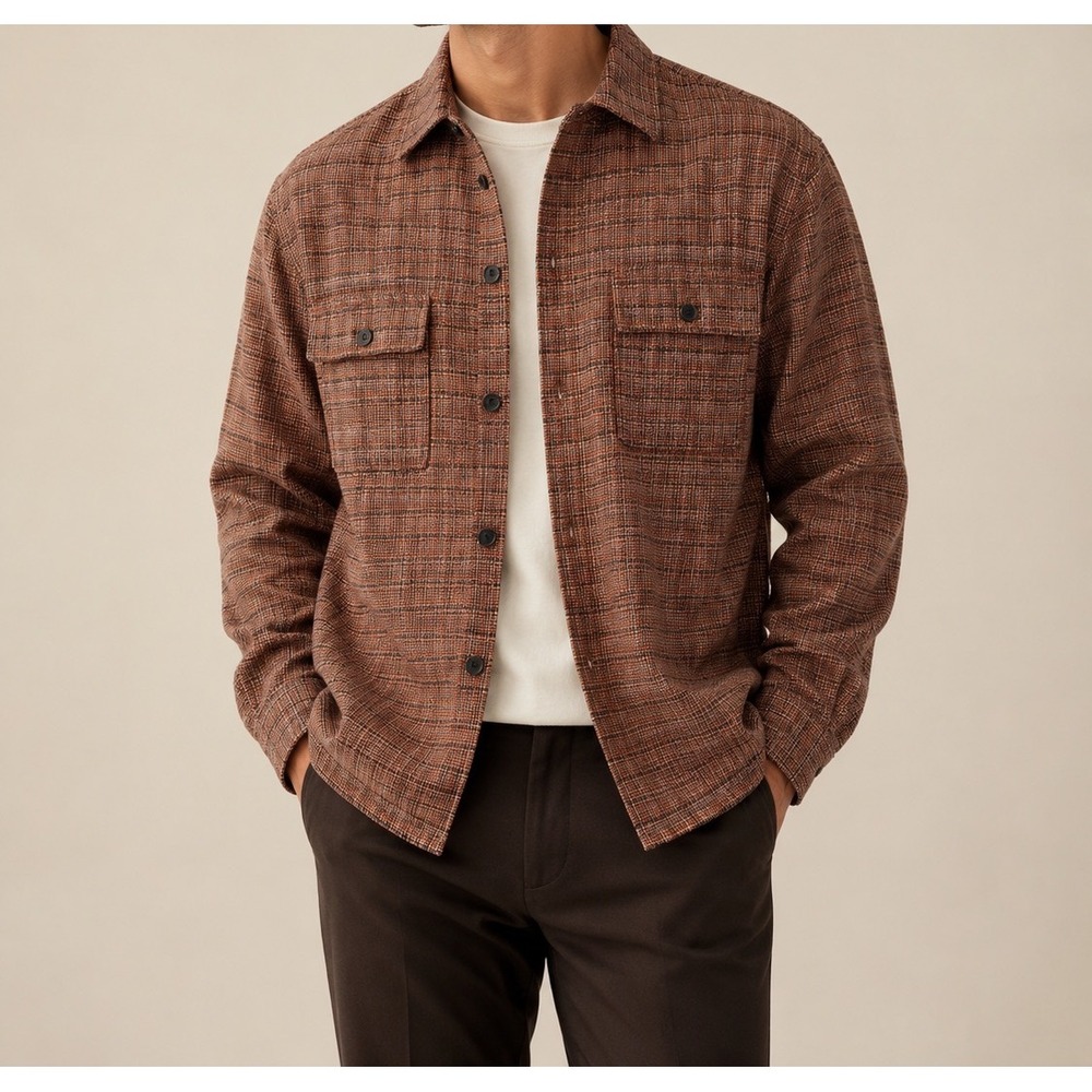 Sun + Stone Mens Large Rust Brown Plaid Cotton Tweed Textured Overshirt L/S
